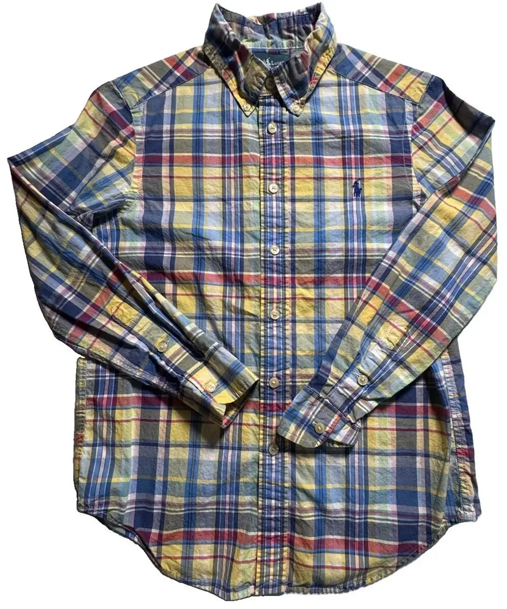 Ralph Lauren Boys M 10-12 Blue Yellow Plaid Button Down Shirt Pony Logo Cotton